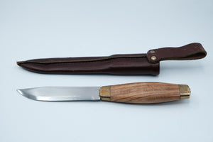 Frost Knivfabrik Sweden — Laminated Steel, Figured Wood Handle, Brass Ferrules, Original Sheath