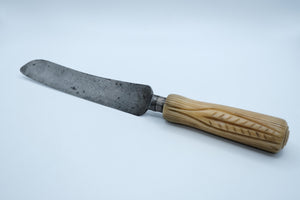 Antique English Bread Knife — Carved Bone Handle, Threaded Ferrule