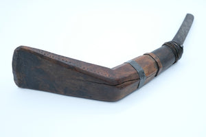 Antique Indigenous Crooked Knife (Mocotaugan) — Carved Wood Handle, Pewter Banding