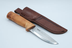 Helle Eggen 75 — Triple Laminated Stainless, Curly Birch Handle, Unsharpened Original Edge