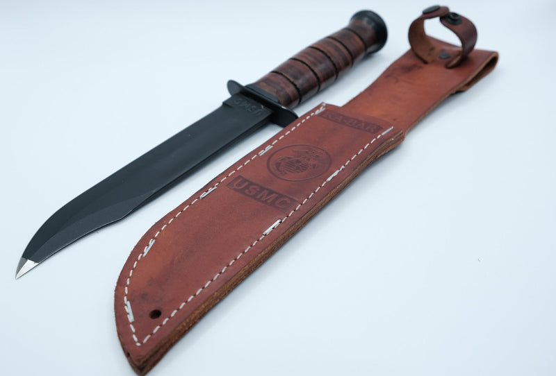 KA-BAR USMC Clip Point Fixed Blade — 1990s Production, Tip Damage, Original Box, USMC Sheath & Pamphlet