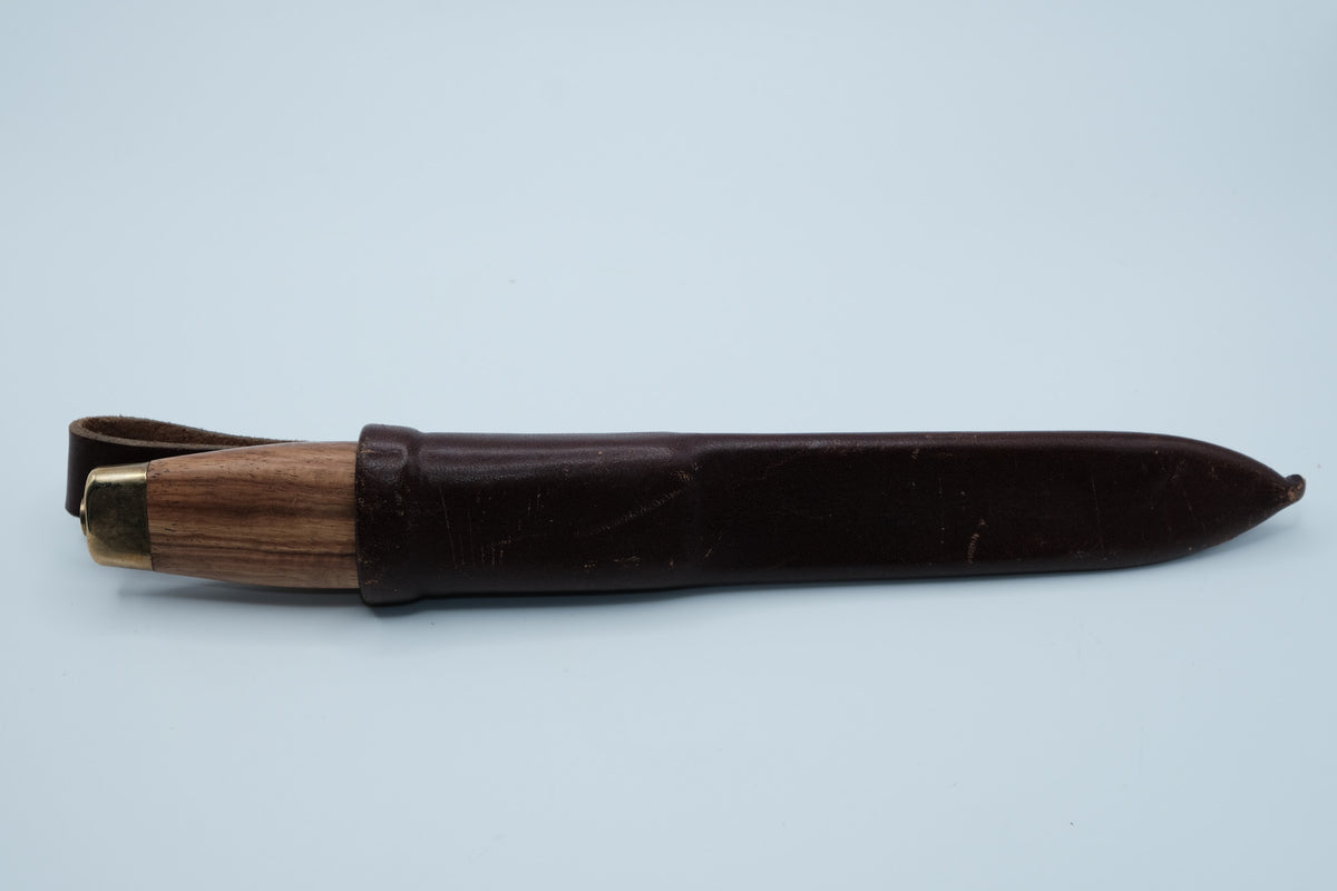 Frost Knivfabrik Sweden — Laminated Steel, Figured Wood Handle, Brass Ferrules, Original Sheath