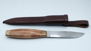 Frost Knivfabrik Sweden — Laminated Steel, Figured Wood Handle, Brass Ferrules, Original Sheath