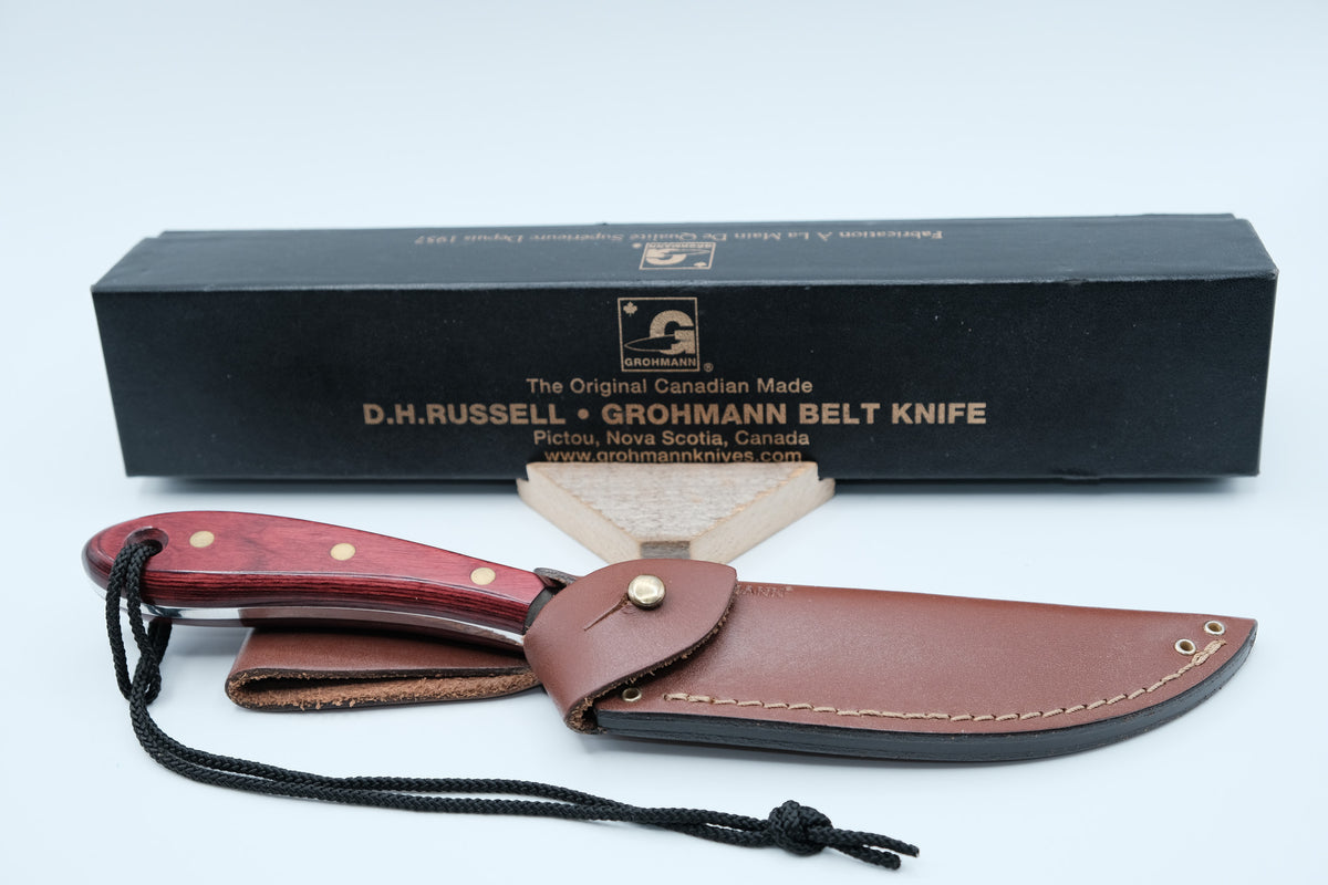 D.H. Russell Grohmann #4 Skinner — Burgundy Laminated Handle, Unsharpened, Original Box & Sheath
