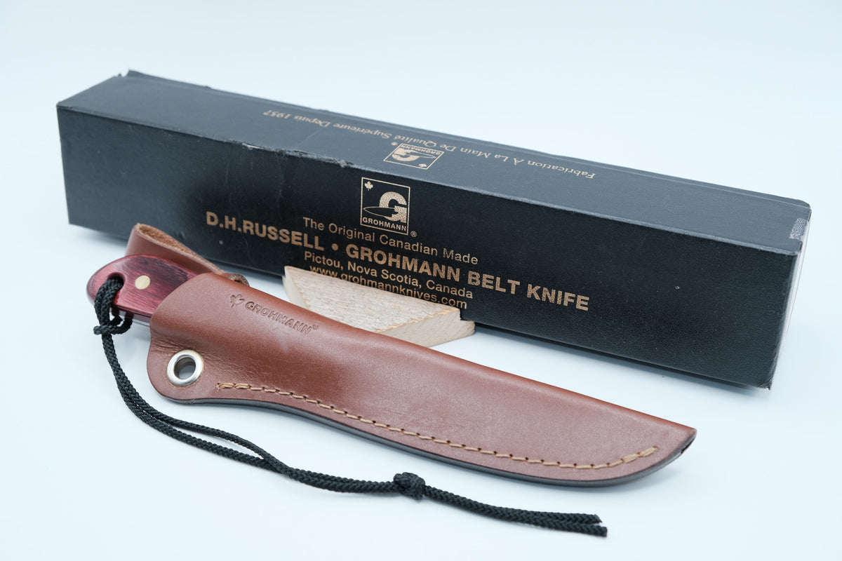 D.H. Russell Grohmann #3 Stainless — Burgundy Laminated Handle, Mint, Original Box & Sheath