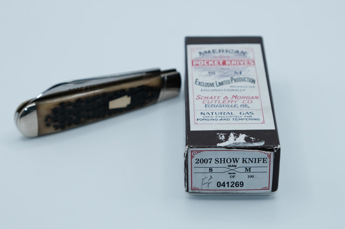 Schatt & Morgan 2007 Show Knife — 1 of 100, Genuine Stag, Spear Point, Original Box, Titusville PA