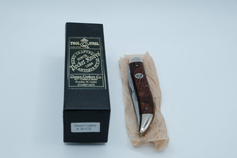 Queen Cutlery #20CZ — Large Texas Toothpick, Curly Zebra Wood, D2 Tool Steel, Original Box, Made in USA