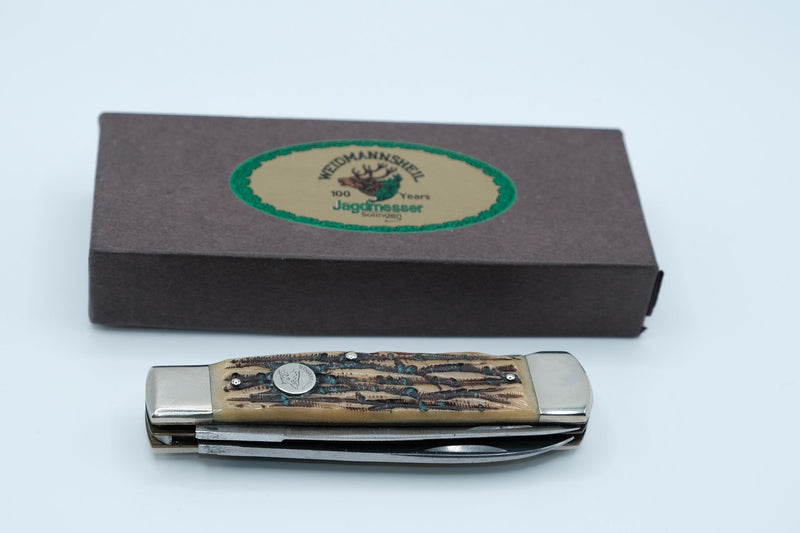 Weidmannsheil Jagdmesser Solingen — 100 Years Commemorative, Two-Blade Hunter, Stag Handle, Original Box