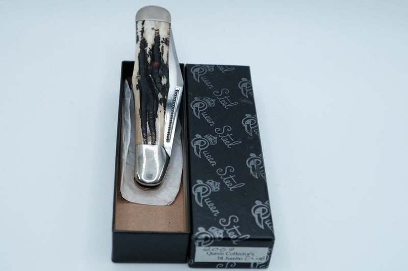 Queen Cutlery #38 Jumbo — 2002 Collectors Edition, 1 of 100, D2 Tool Steel, Carved Stag, Original Box