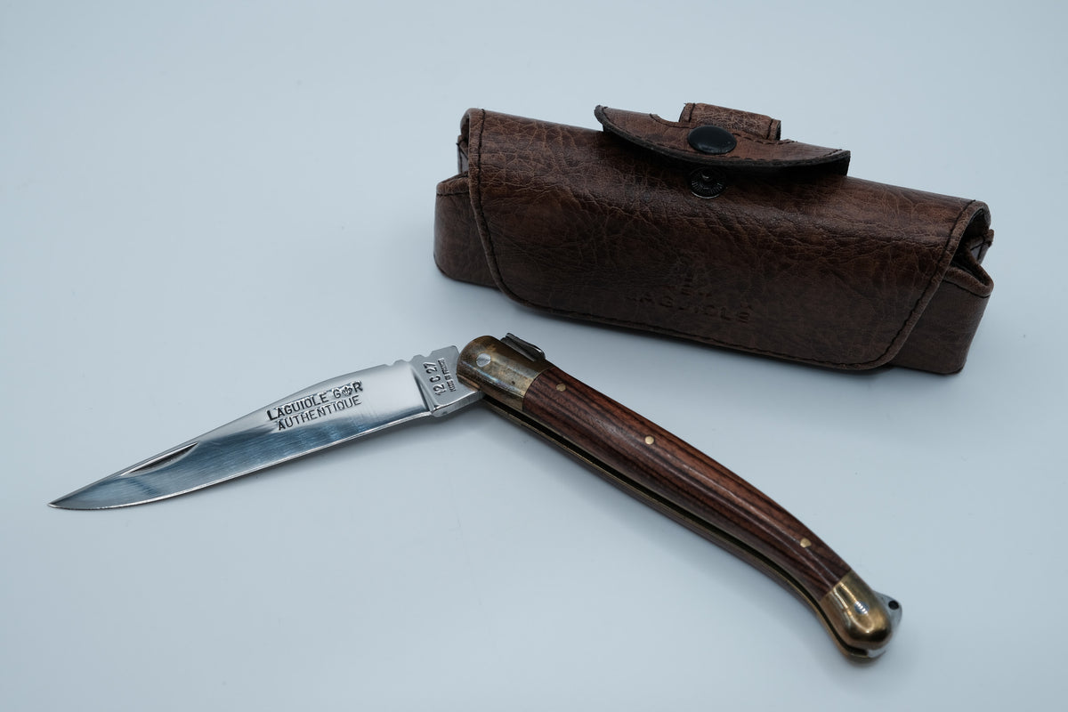 Laguiole G&R Authentique — Rosewood Handle, 12C27 Stainless, New Condition, Original Leather Sheath, Made in France