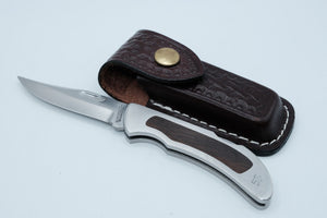 J.A. Henckels Solingen — Lockback Folder, Wood Inlay Stainless Frame, Unsharpened, Tooled Leather Sheath
