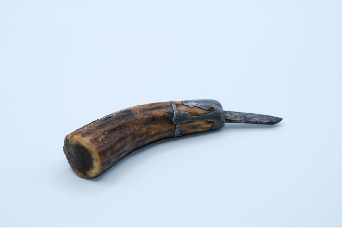 Antique Handmade Fixed Blade, Natural Antler Handle, Pewter Collar, c.19th Century