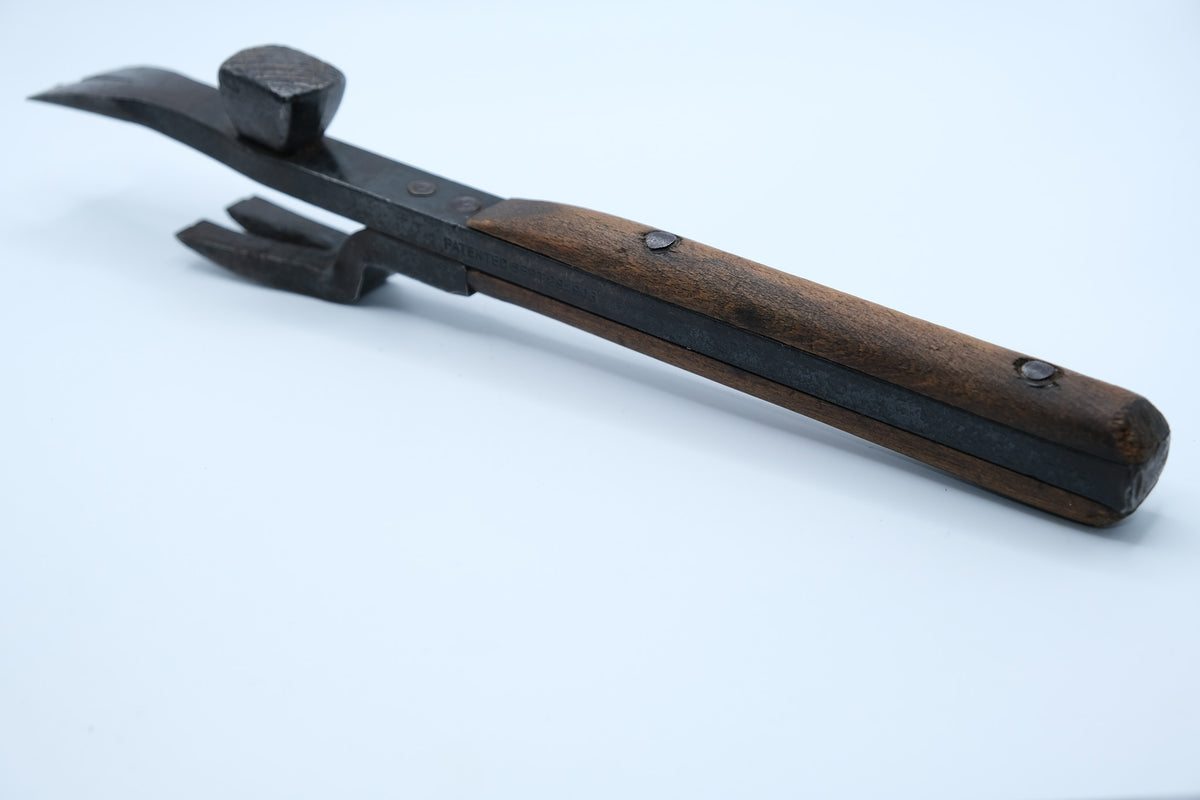 Bridgeport Hardware "Matchless Opener" — Patented Nail Puller & Crate Hammer, Sept. 29 1908, Intact Wood Scales
