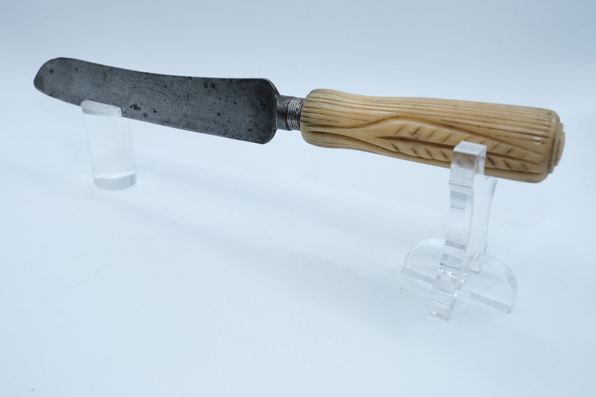 Antique English Bread Knife — Carved Bone Handle, Threaded Ferrule