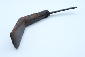 Antique Indigenous Crooked Knife (Mocotaugan) — Carved Wood Handle, Pewter Banding