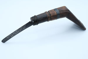 Antique Indigenous Crooked Knife (Mocotaugan) — Carved Wood Handle, Pewter Banding